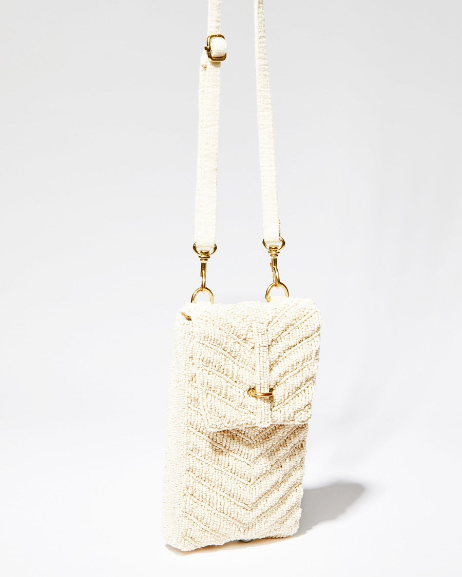 Full view of the Graceful Cascades bag with the removable metal chain strap, highlighting the intricate hand-dyed glass beadwork.