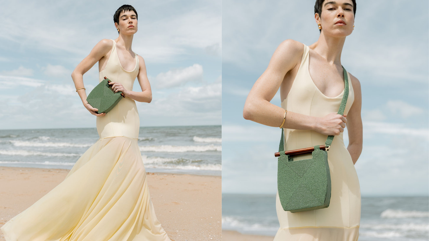 Woman holding a green beaded handbag on a beach with ocean and sky in the background