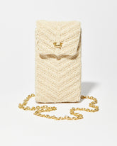 Front studio view of the Graceful Cascades white beaded mini bag featuring a hand-sewn downward chevron pattern and gold chain strap.