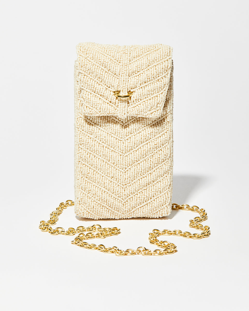 Front studio view of the Graceful Cascades white beaded mini bag featuring a hand-sewn downward chevron pattern and gold chain strap.