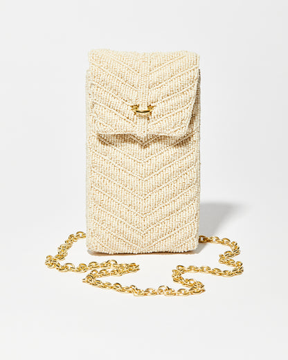 Front studio view of the Graceful Cascades white beaded mini bag featuring a hand-sewn downward chevron pattern and gold chain strap.