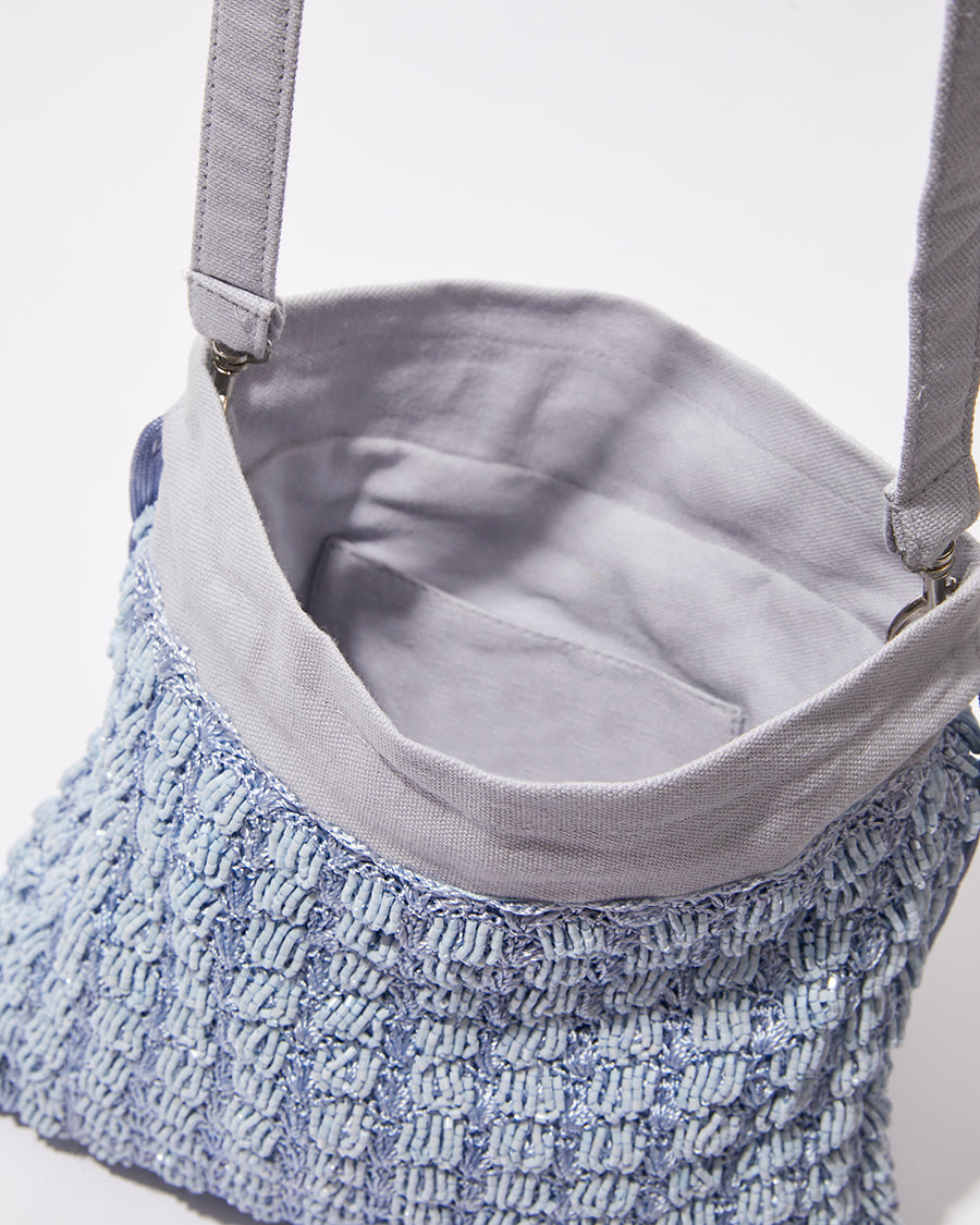 His Eyes blue beaded bag interior view with lining 