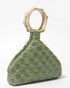 Intimate Exchange sage green beaded handbag, designer statement bag, angled view
