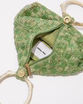 Intimate Exchange beaded bag in sage green showing opening and closure detail