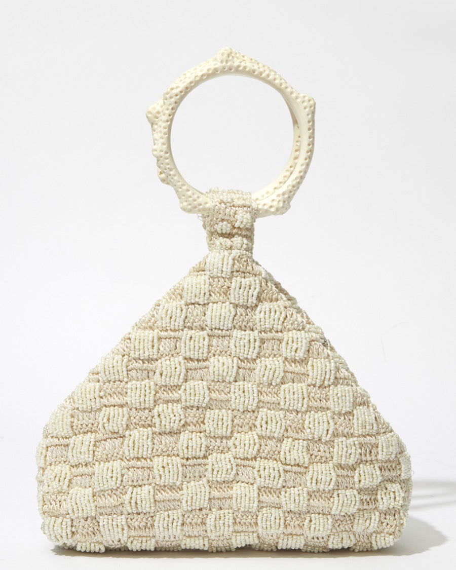 Intimate Exchange bag in ivory, handmade beaded evening bag, front view. Bridal, wedding and event bag with pearl detail.