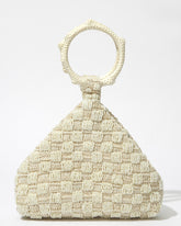 Intimate Exchange bag in ivory, handmade beaded evening bag, front view. Bridal, wedding and event bag with pearl detail.