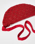Top-down view of the red Moving Through bag showcasing the natural cotton strap and the intricate pattern of hand-dyed glass beads