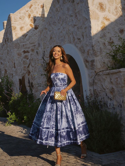 Model in a blue floral gown carrying the gold Our Longing bag, showcasing its presence as a striking event accessory.