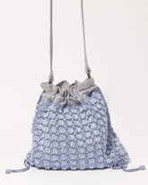 His Eyes blue beaded handbag, designer statement bag, front view showing cross body strap 
